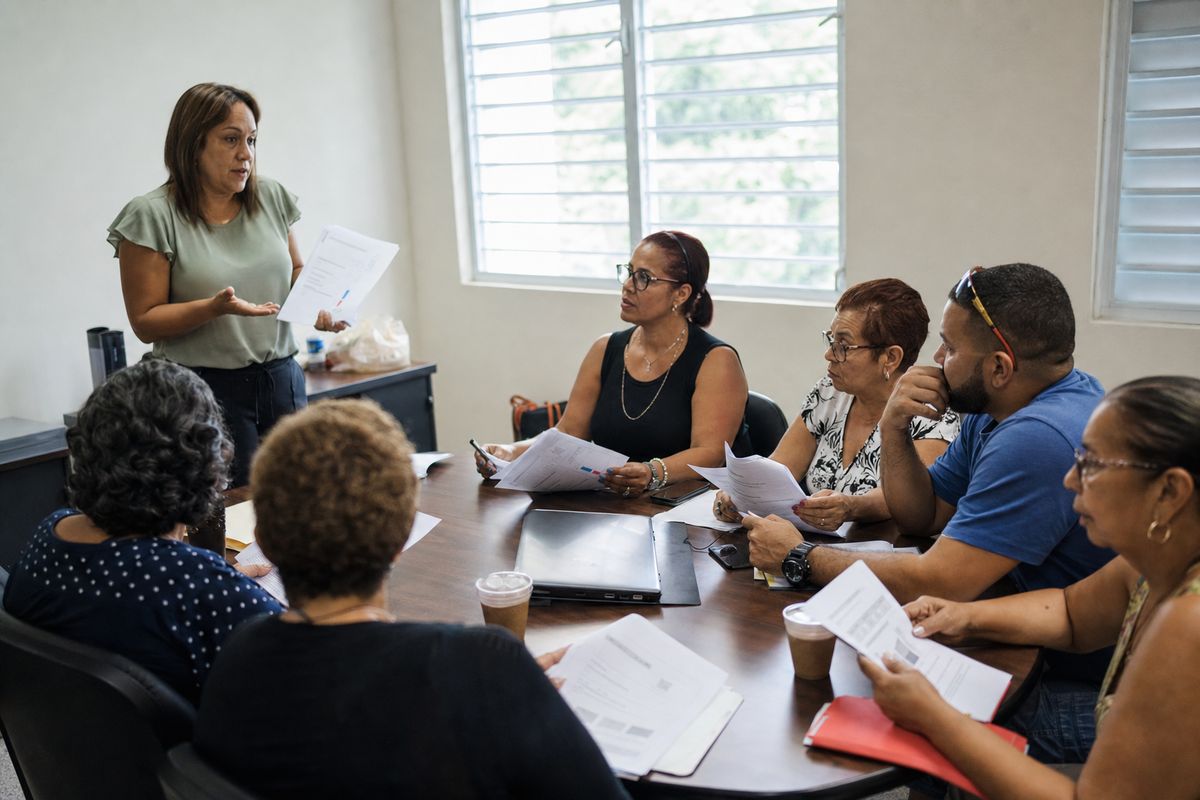 La directora del programa le explica el informe del mes al Consejo de Política